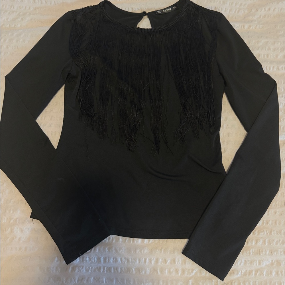 SHEIN Black Long Sleeve Fringe Top